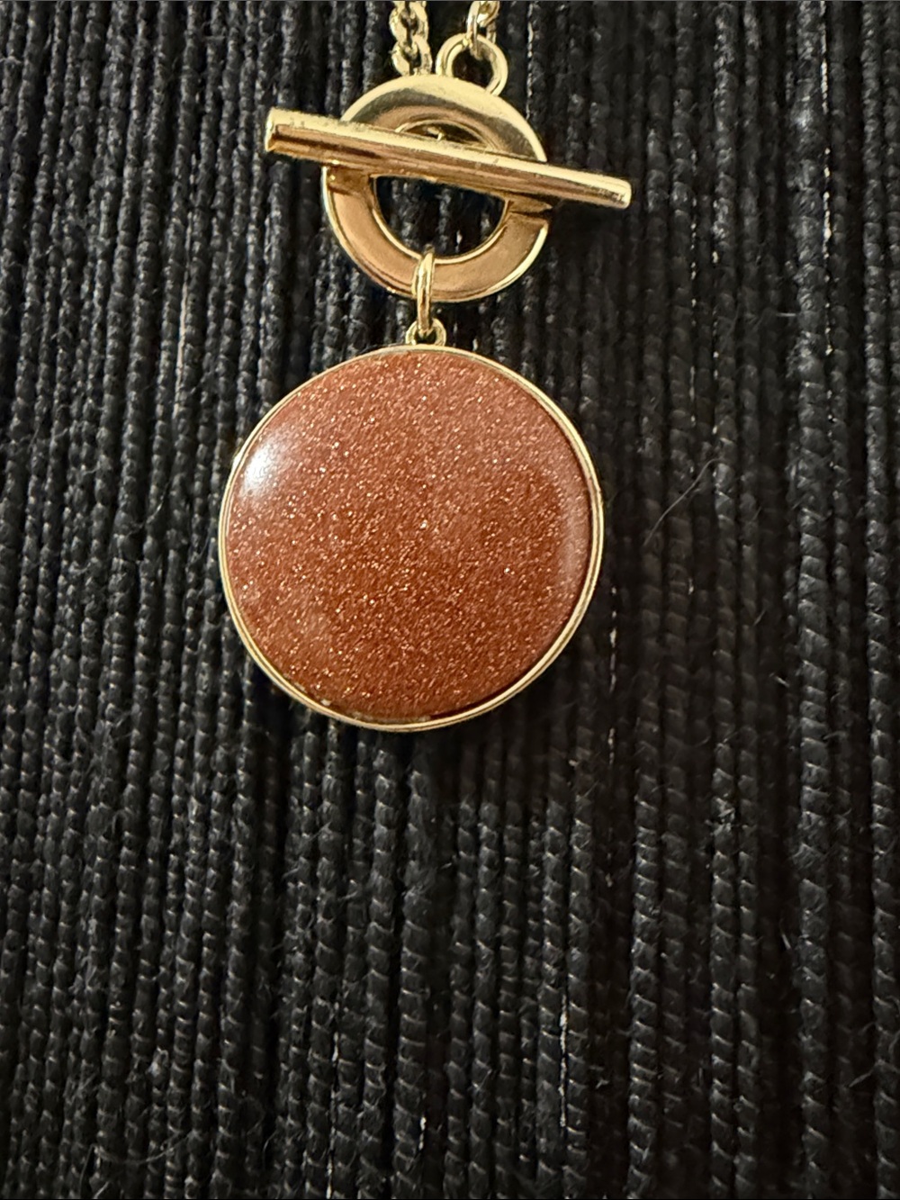 Gold-Tone Necklace with Shimmering Brown Round Pendant